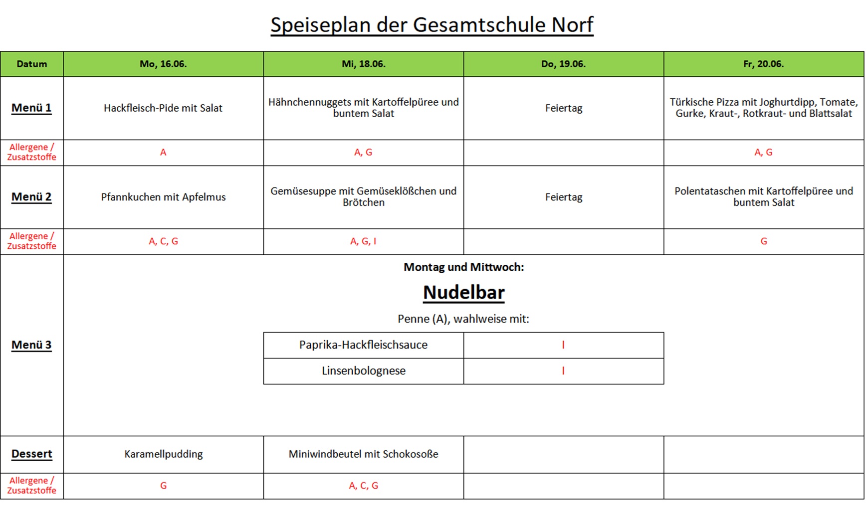 380 Speiseplan der Gesamtschule Norf 16.06.25ff