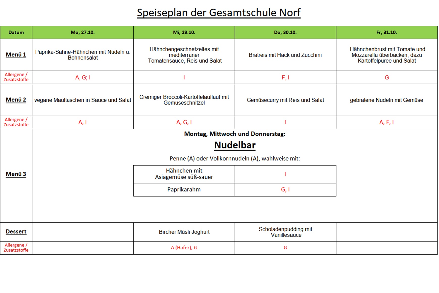 390 Speiseplan der Gesamtschule Norf 27.10.25ff