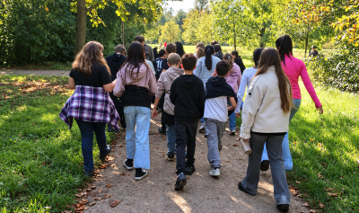 Gruppe auf sonnigem Waldweg